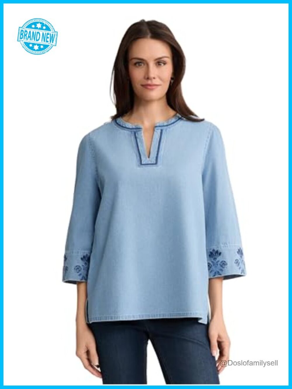 Chambray Long Sleeve Embroidered Notch Neck Top